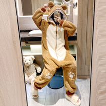 Large size coral velvet pajamas womens autumn and winter conjoined cute plus velvet padded flannel fat mm200 kg home clothes