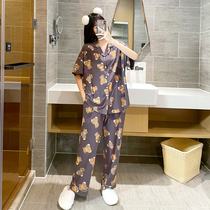 Summer cartoon bear pajamas womens short-sleeved trousers cardigan paired plus size loose home clothes suit 200 catties