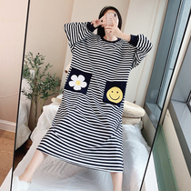 Striped cute pajamas women loose spring and autumn cotton long-sleeved nightdress long autumn and winter plus size pregnant womens home clothes