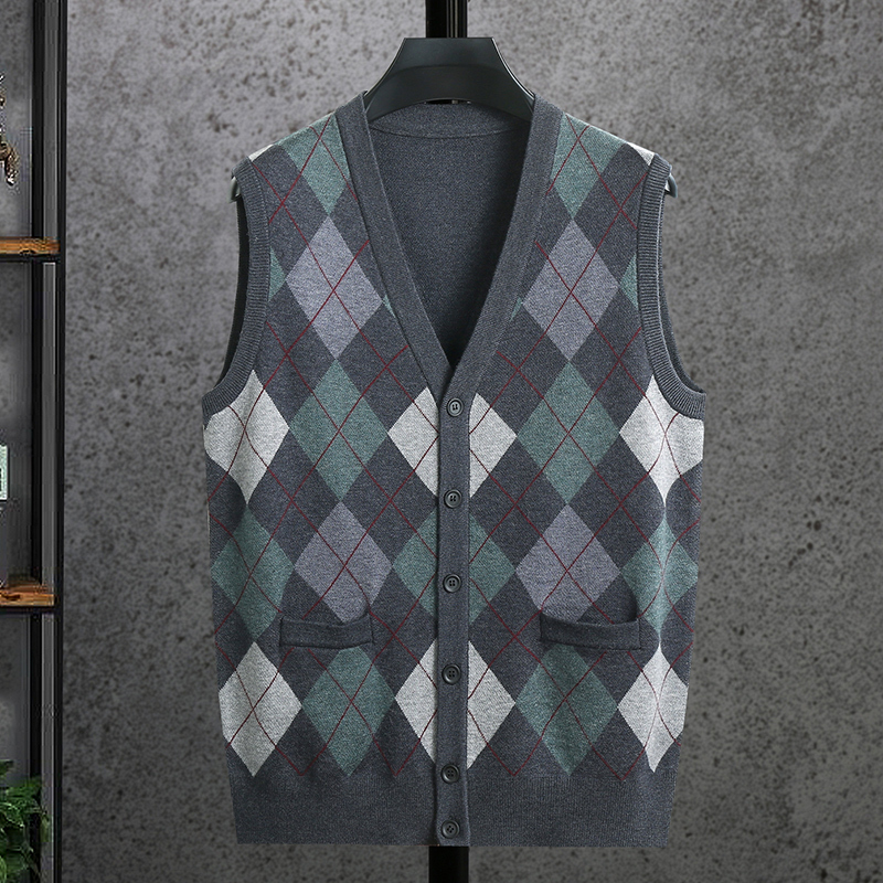 Men's Spring, Autumn and Winter Vest, Trendy Color-Blocked Diamond-Pattern Sweater Vest, Sleeveless Cardigan for Dad, Knitted Vest
