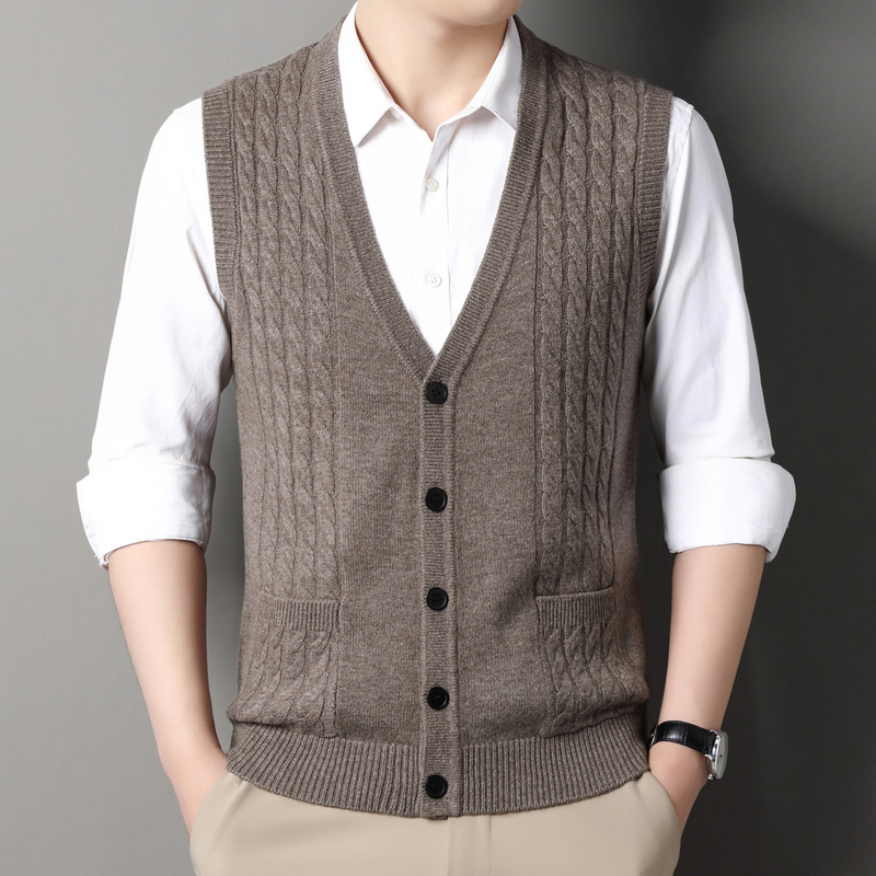 100% Pure Wool V-Neck Knitted Vest for Men, Autumn and Winter Sleeveless Middle-Aged Sweater, Single-Breasted Vest, Dad Wear