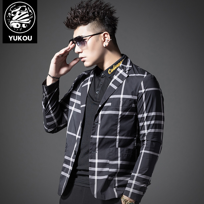 Yu Kou coat men 2020 new spring Korean version of the trend slim thin section suit collar jacket plaid tide brand blouse