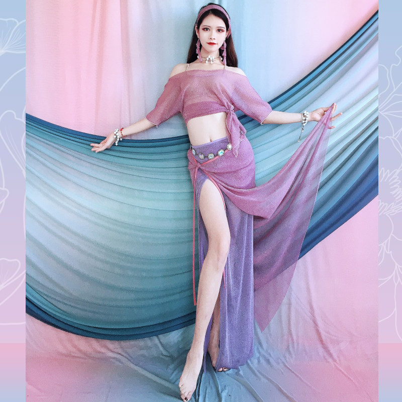 100 Ya one thousand Hui belly leather dance rehearsal 2022 Spring new intercolor web yarn Hip Towel Suit for the Eastern Dance