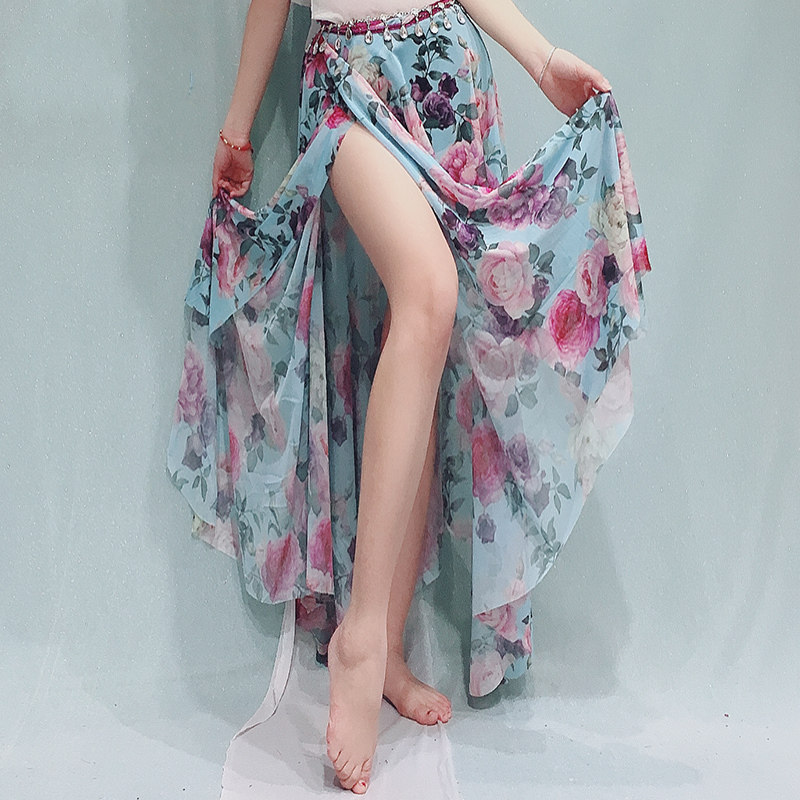 100 one thousand one thousand Hui 2022 Spring new belly dance practice with a down dress printed web yarn open fork skirt hip towel