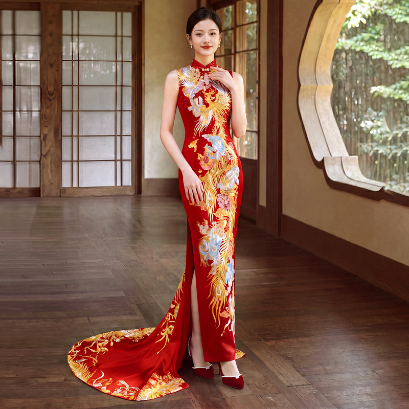 New Chinese-Style Red Phoenix Embroidery Cheongsam 2026 New Model Bride Wedding Engagement Toast Dress Long Gown with Train