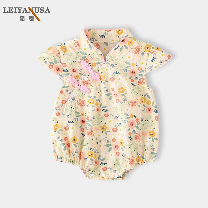 Baby floral Hayi summer short-sleeved triangle summer thin children's clothing women's new short-sleeved Chinese style jumpsuit