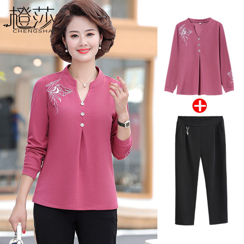 Mother Autumn Dress Foreign Pie Suit 2020 New Middle-aged Long Sleeve Inner lap for older ladies Spring and autumn blouses Two sets
