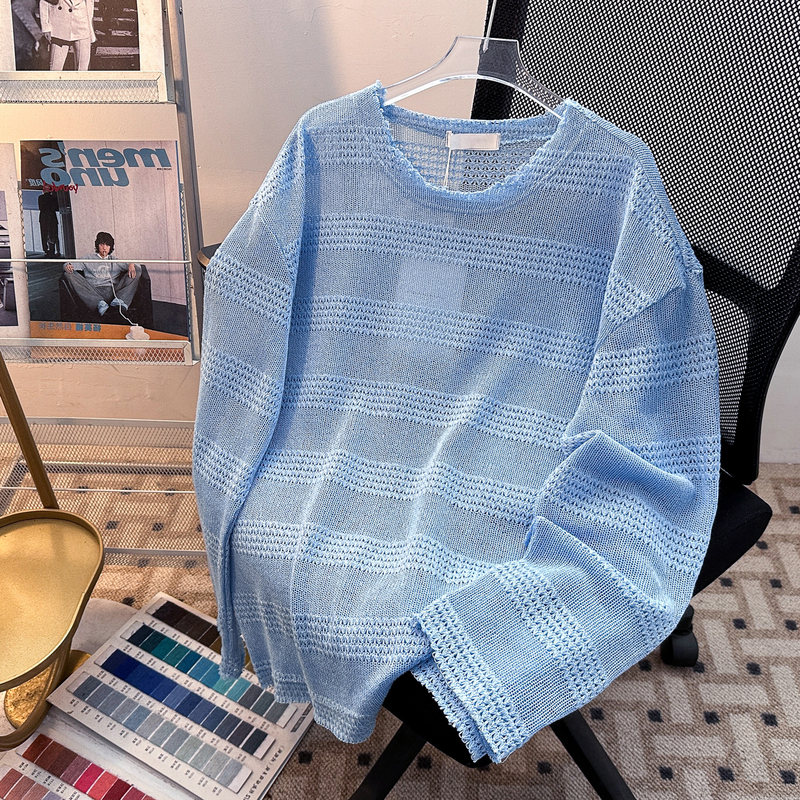 Klein Blue Mesh Hollow-Out See-Through Long-Sleeve T-Shirt for Men, Summer Cleanfit Old Money Style Vacation Sun Protection Cover-Up Klein Blue Mesh Hollow-Out See-Through Long-Sleeve T-Shirt for Men, Summer Cleanfit Old Money Style Vacation Sun Protection Cover-Up