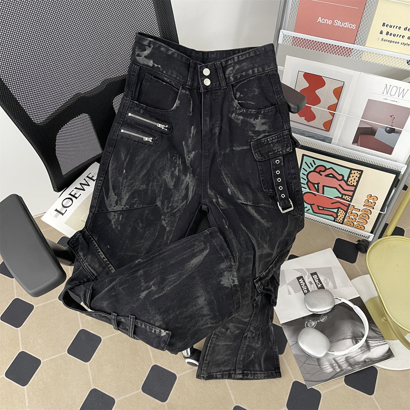 American Retro Distressed Y2K Punk Rock Jeans for Men with a Unique Design, Heavy-Duty Multi-Pocket Workwear