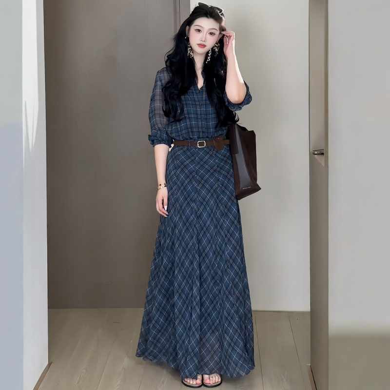 Plus Size Women's Clothing, Korean Style Retro Camisole + Plaid Long-Sleeve Dress with Lapel, New Summer Elegant Two-Piece Set