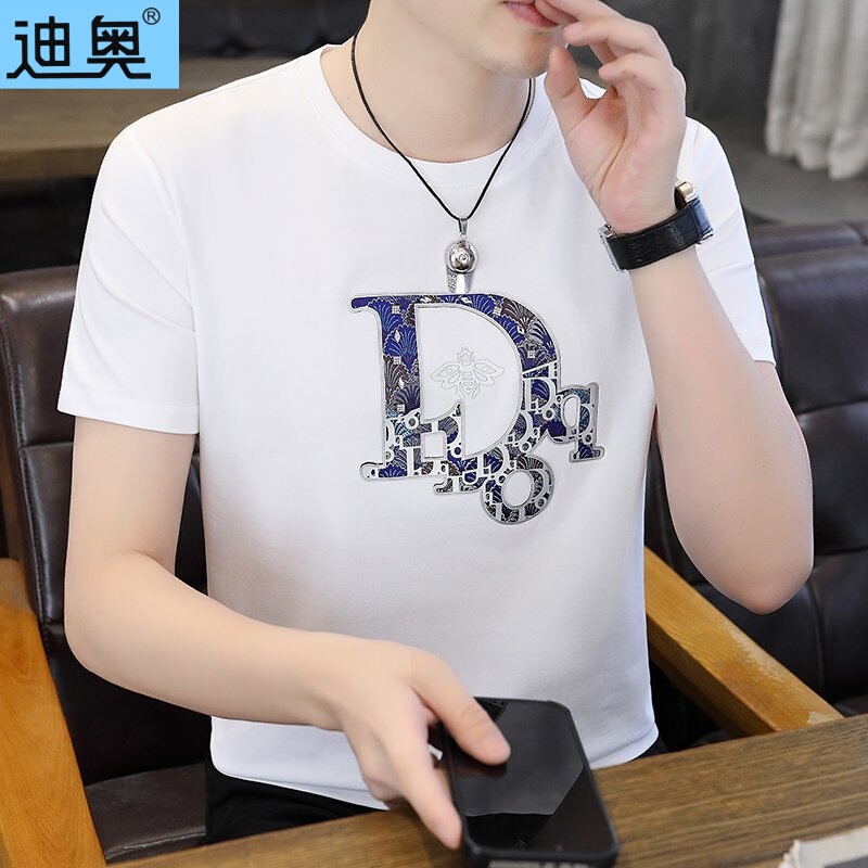 Dior Men's Short-Sleeved T-Shirt White Round Neck Cool Breathable Casual Pure Cotton Half-Sleeved T-Shirt Trendy and Versatile Men's Clothing