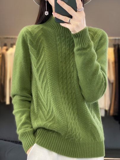 半高领羊毛衫女100%纯羊毛针织衫秋冬纯色扭花半高羊绒毛衣女加厚
