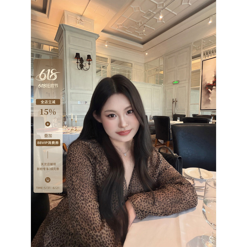 Jayee Chen Jiaer, Plus-Size Fashion Retro Leopard Print Suit for Women, Summer V-Neck Long-Sleeve, Covers the Body and Makes You Look Slimmer