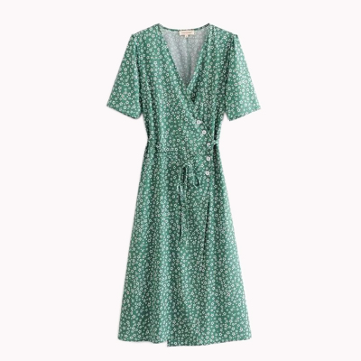 short-sleeved V-neck print wrap skirt NSYD4148