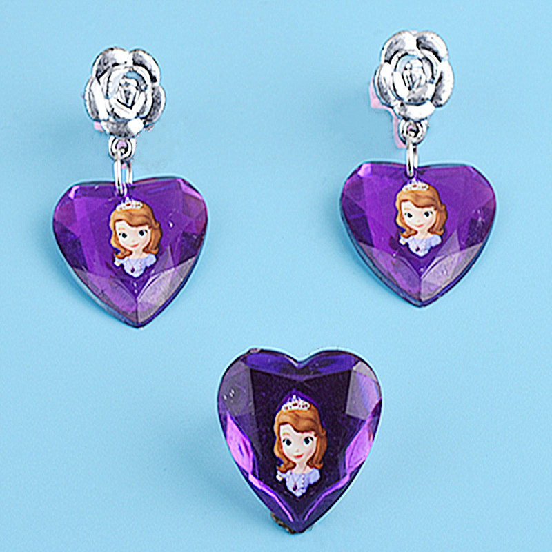 Sophia Princess earrings ring 2-piece set purple love cartoon ear clip-free earring girl accessories