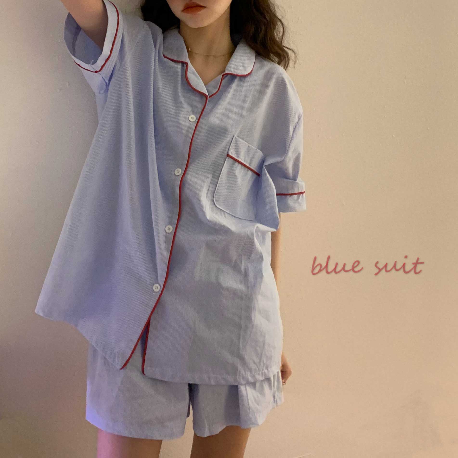 VIRRI CIAGA~Fashionable foreign style net red wind pure cotton pajamas women's summer new color contrast short-sleeved home clothes