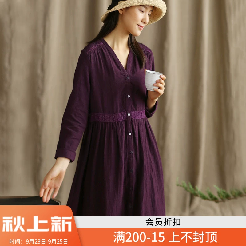 Thiết kế ban đầu cotton và lanh văn học và nghệ thuật cổ chữ v dài tay váy chữ A dài lỏng lẻo retro váy cardigan mùa thu - A-Line Váy