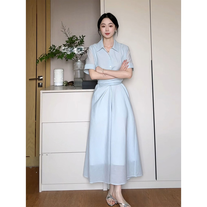 French Rouje Damas Blue Shirt-Style Dress for Women, Summer Design with a Sense of Elegance, Long Dress for Petite Figures