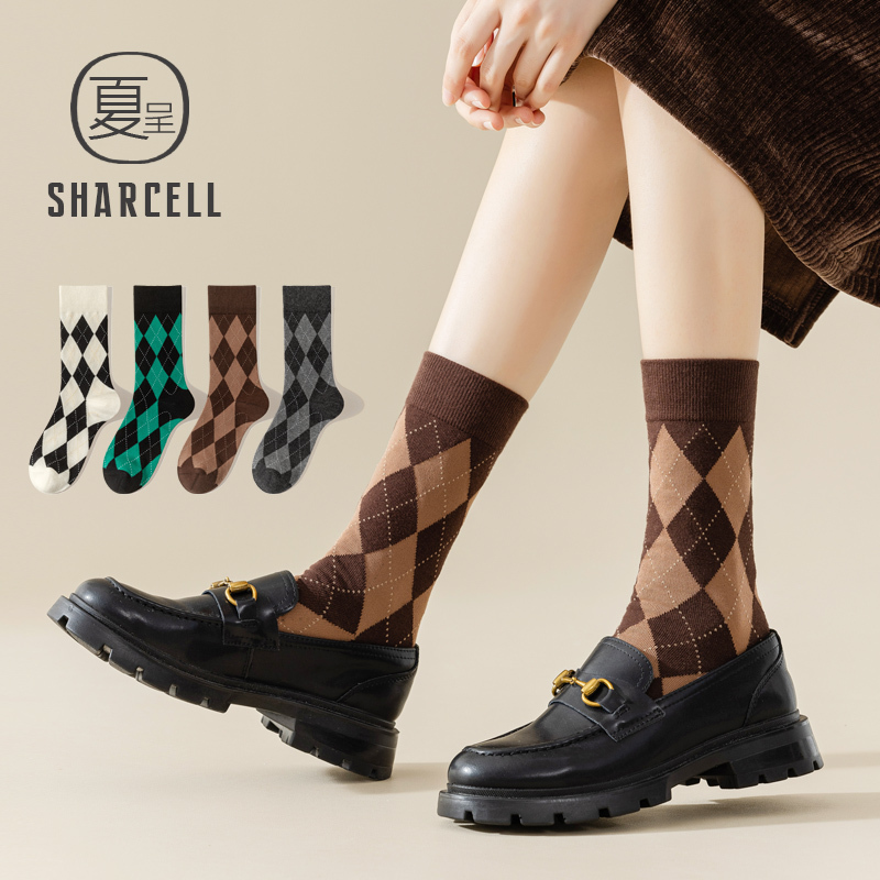 Trendy Women's Mid-Calf Socks for Outerwear, British Style Argyle Pattern, Jk School Style Long Socks, 2026 New Popular Style Trendy Women's Mid-Calf Socks for Outerwear, British Style Argyle Pattern, Jk School Style Long Socks, 2026 New Popular Style