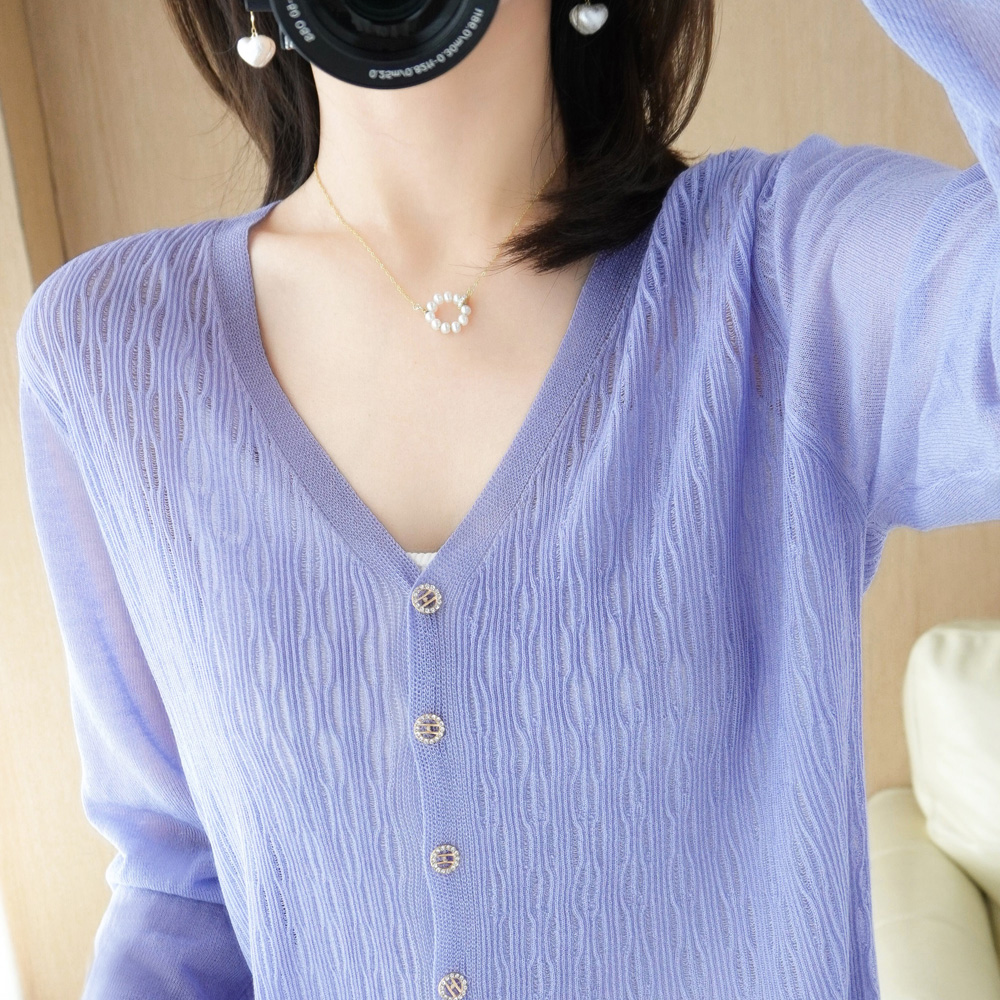 External Lapped Ice Silk Knit Cardiovert Woman V Neckline New Summer Hollowed-out Short Shawl Long Sleeve Sunscreen Air Conditioning Shirt Jacket