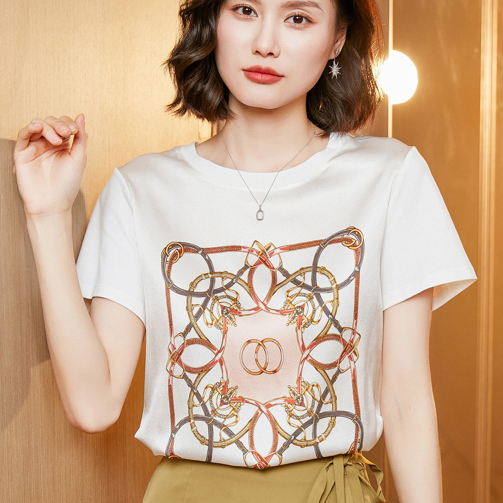 True silk short sleeve woman t-shirt 2022 spring and summer new casual fashion printed loose half sleeves satin silk blouse