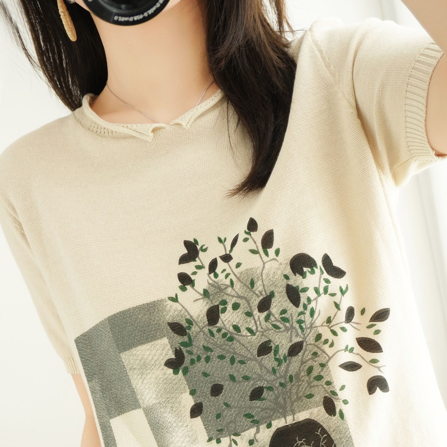 Spring Summer new 100% pure cotton linen knit short sleeve t-shirt female V collar printed loose half sleeve undershirt blouse