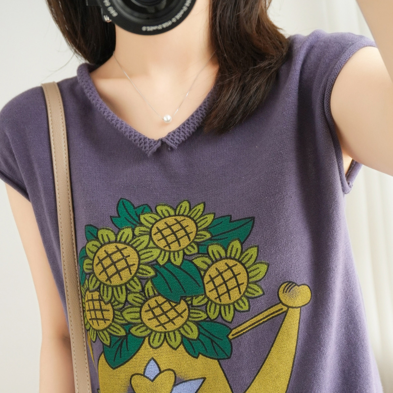 Cotton knitted printed short sleeves t shirt 2022 new spring and summer V collar loose sleeve T - shirt