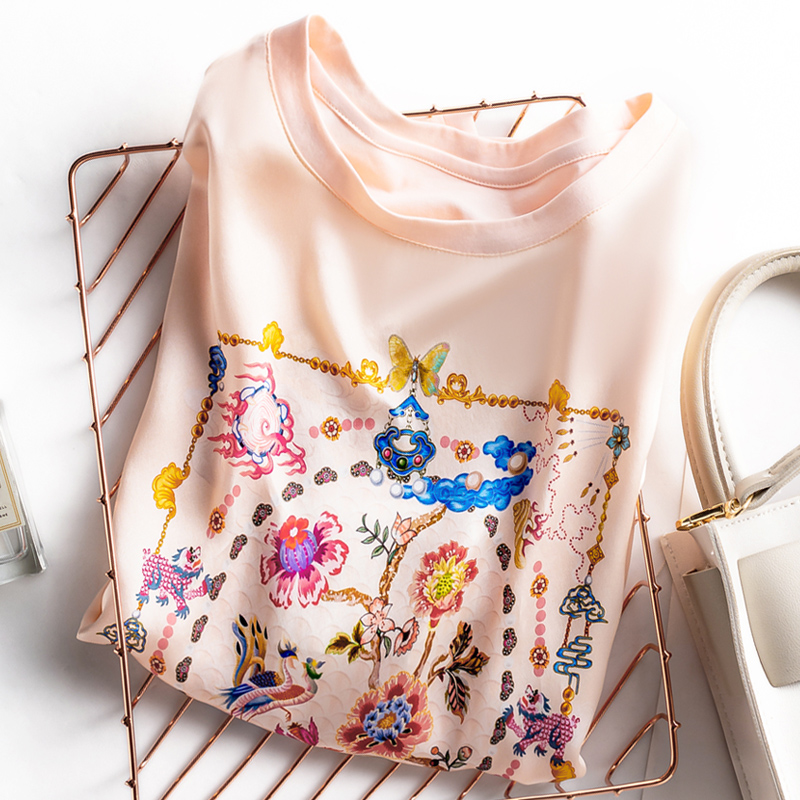 2022 new summer silk satin short-sleeved T-shirt women's print mulberry silk Korean version loose and versatile slim top