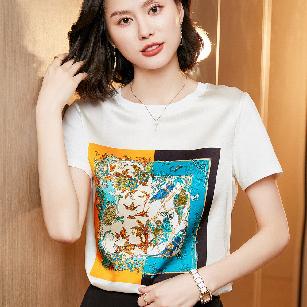022 spring and summer new real silk satin short sleeve female mulberry silk light cotton splicing t-shirt female printed loose half sleeve blouse