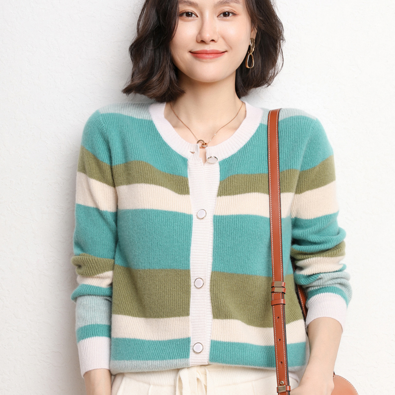 Autumn Winter Outings Collared Knit Cardiovert Women New Round Collar Loose non-cashmere sweater Coloured hit bottom jacket jacket