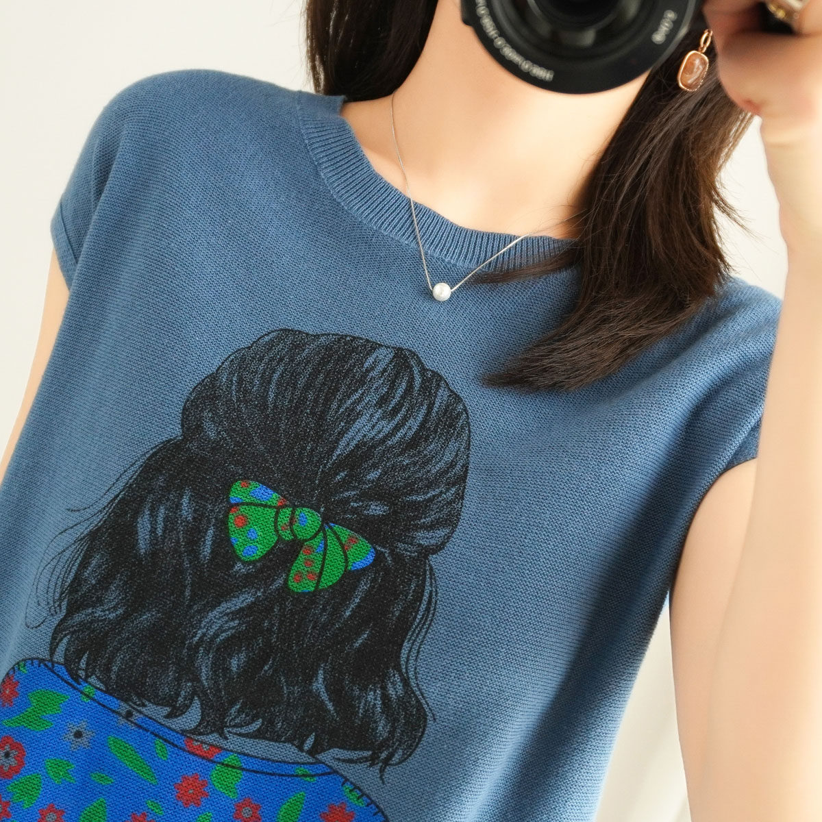 21 new cotton linen knit thin short sleeve t-shirt woman round collar printed loose minimalist pure cotton cover head slapped bottom shirt