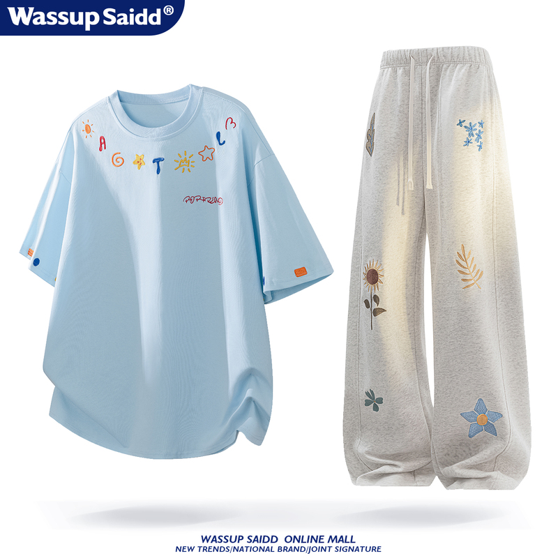 Wassup Saidd Floral Embroider Suit Pure Cotton Short-Sleeved T-Shirt Men's Spring and Summer Youth Sports Long Sweatpants