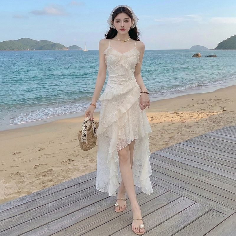 Designed French-Style Seaside Vacation Irregular Long Dress 2026 Summer New Ruffled Lace Suspender Dress Designed French-Style Seaside Vacation Irregular Long Dress 2026 Summer New Ruffled Lace Suspender Dress