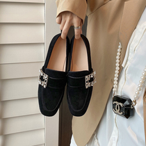 AVRV square buckle single shoe woman 2022 Spring new genuine leather flat-bottomed Lefoe shoes square head Inron small leather shoes woman