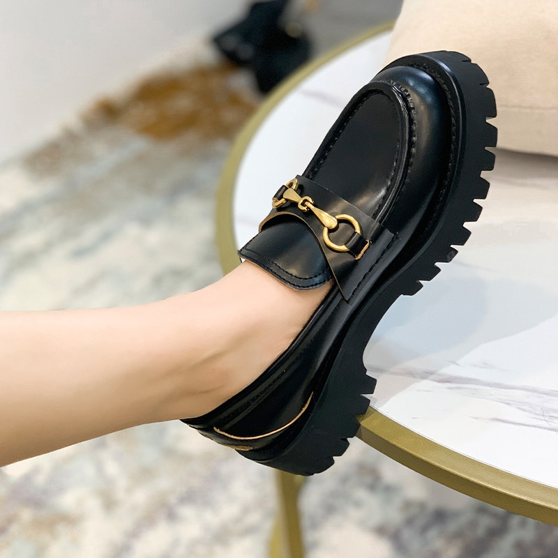 Cousin Fan, thick - soled little honey bee female new leather single shoe horse tied black British wind shoes