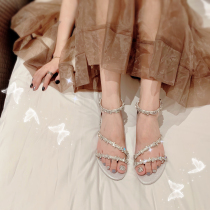 (cousin FAN)Net red rhinestone sandals female fairy wind 2021 new summer low-heeled one-word belt Roman shoes