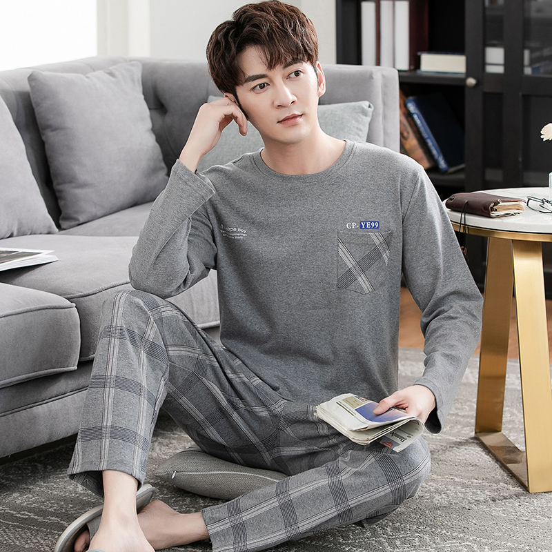 Men's Pajamas, Spring and Autum Style, Pure Cotton, Long-Sleeved, Casual Home Wear, Young Men's Autum Thin Cotton Large Size Suit