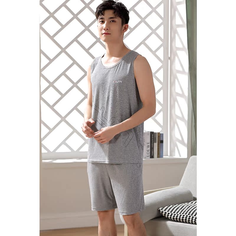 Mùa hè mỏng đồ ngủ vest mens băng lụa Modell tay quần short hai mảnh bộ loose-fitting cộng cỡ nhà mặc.