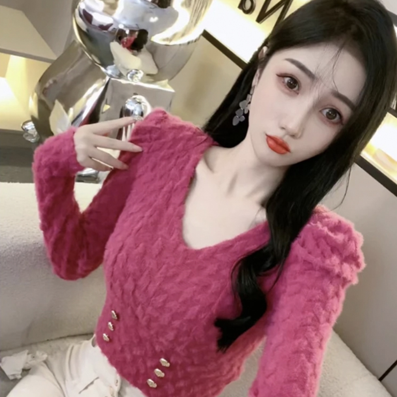 Pure Desire Style V-Neck Lace Blouse for Women, Autumn 2026 New Style, Waist-Cinching, Slimming, Puff Sleeves, Short, Versatile Long-Sleeve Top