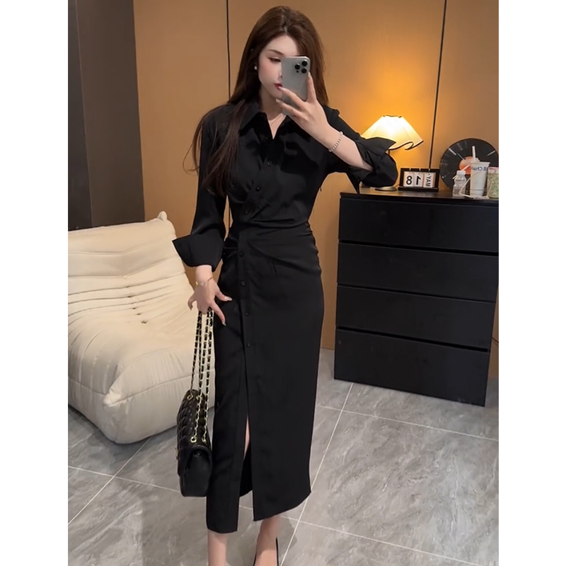 French-Style High-End Lapel Single-Breasted Shirt Dress for Women, This Year's Popular Waist-Cinching Slimming Slit Hip-Hugging Long Skirt
