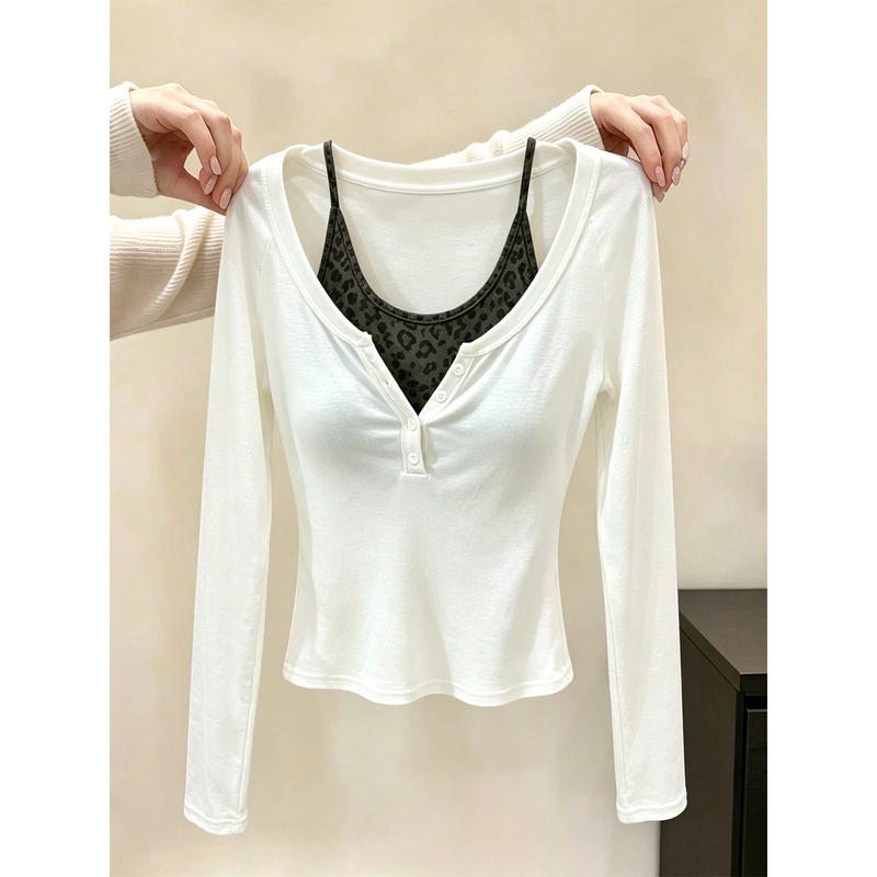 2026 Autumn New American Style Hot Girl Leopard Print Halter Vest + Long Sleeve T-Shirt Two-Piece Set Women's Base Shirt Top