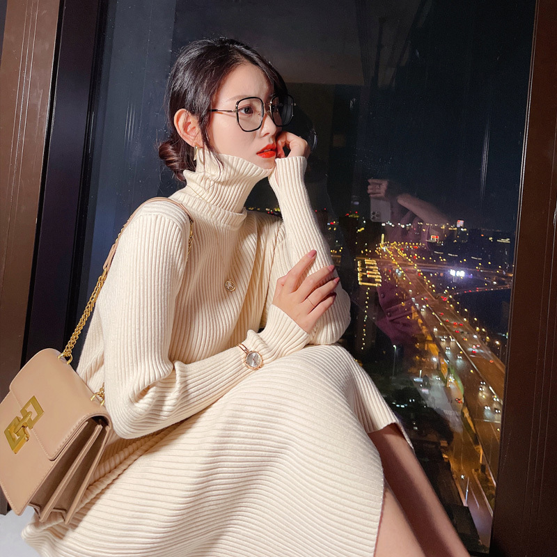 Knitted Dress for Women, Autumn and Winter, Petite, Thickened Base Dress, Turtleneck, Sweater Dress, Long Over-The-Knee Dress