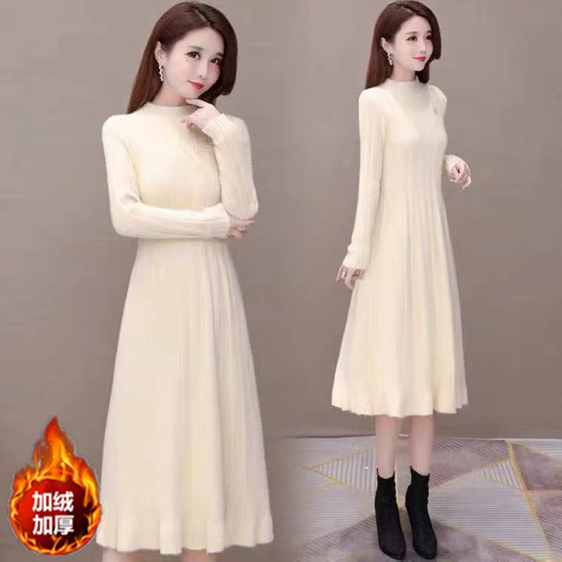 Mid-Length Mink Velvet Versatile Base Knit Sweater Dress for Women, Over-The-Knee, Autumn and Winter, with Added Fleece and Thickness