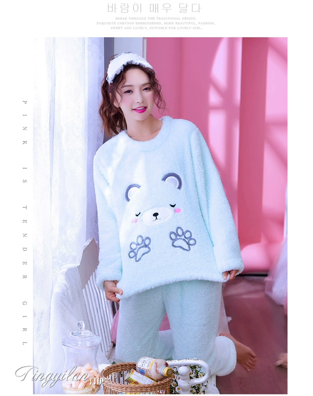 Bộ đồ ngủ nhung cotton sang trọng cho nữ mùa thu và mùa đông dày flannel phù hợp với dịch vụ tại nhà mùa xuân và mùa thu tay dài nhung san hô dễ thương thời trang mặc nhà