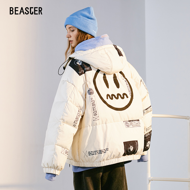 BEASTER ゴーストフェイス フード付き パン ダウンジャケット プリント ダックダウン カジュアル 防風 暖かい エルビンウェア