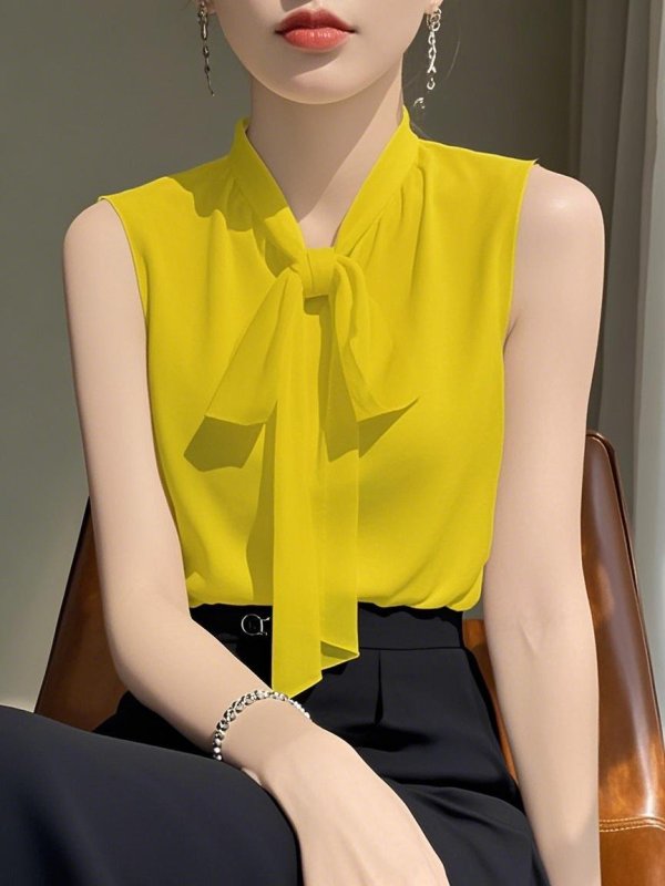 White Chiffon Sleeveless Vest for Women, Suitable for Outerwear, with a High-End Feel, Summer Suit Inner Layer, Base Shirt, Bow Tie Blouse Top White Chiffon Sleeveless Vest for Women, Suitable for Outerwear, with a High-End Feel, Summer Suit Inner Layer, Base Shirt, Bow Tie Blouse Top