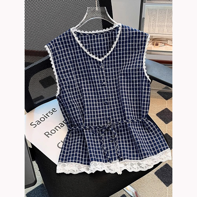 Lace V-Neck Plaid Shirt for Women, Summer Thin Style, 2025 New Tie-Waist Sleeveless Top, Beautiful Blouse