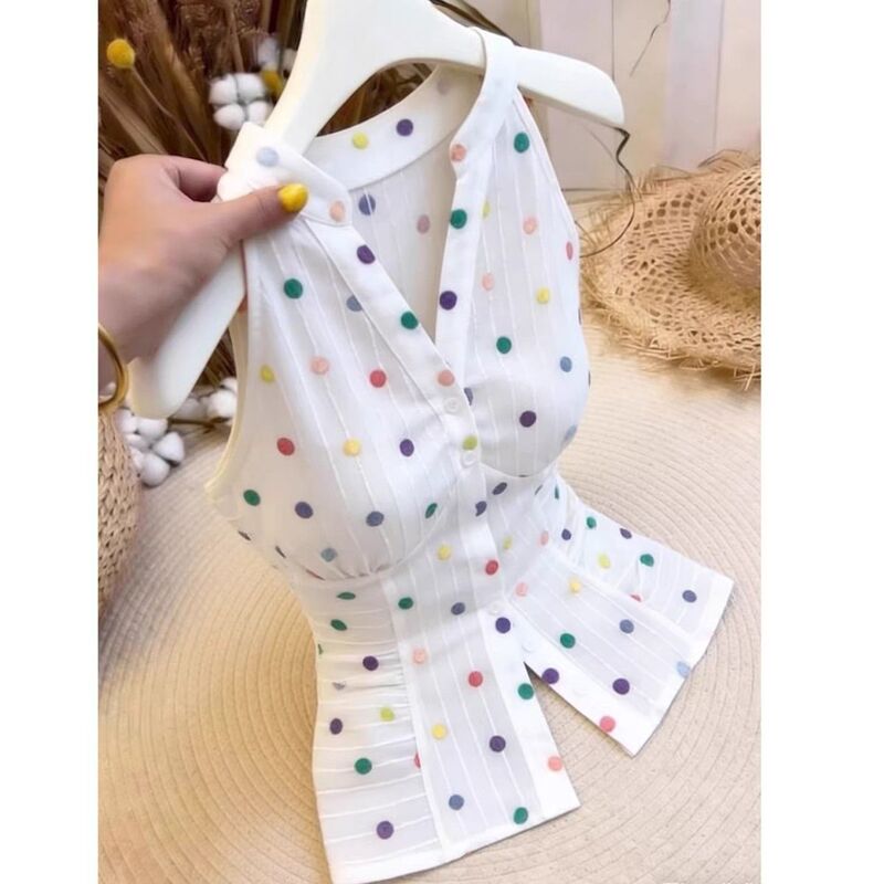 French-Style Colorful Polka Dot Halter Neck Tank Top for Women, New Summer Style, Plus Size, Sleeveless, Waist-Cinching, Slim-Fit Design Top