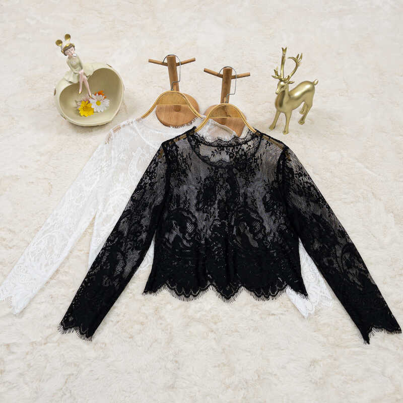 Lace Base Shirt for Women, Black Long-Sleeved Hollow Mesh Top, Short Style, New High-End Blouse with Lace Trim, White and Stylish