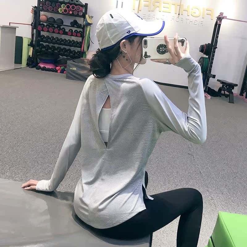 Loose round collar sports blouses female speed dry display slim temperament running speed dry fitness clothes beauty back long sleeve yoga service woman